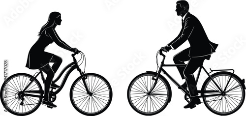 Silhouette of a man in a suit and a woman in a dress riding bicycles biking cycling