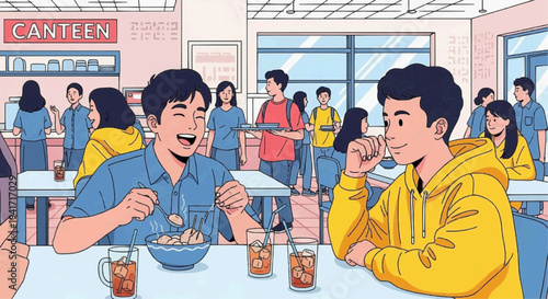 Two young men enjoying a meal and conversation in a bustling school canteen with other students in the background.