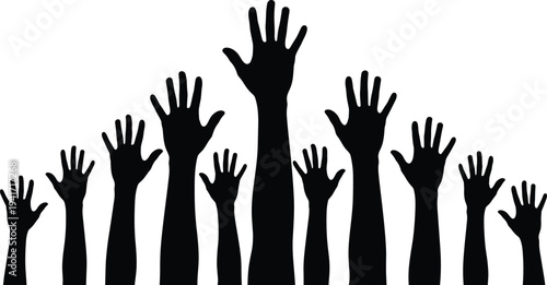 Silhouette of Raised Hands Reaching Upwards Against White Background group