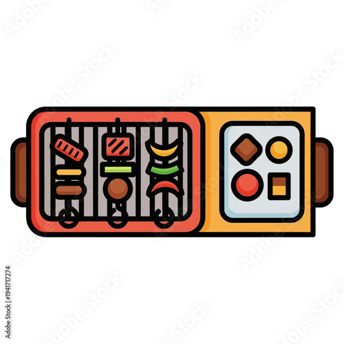 An illustration of an electric grill with various foods cooking on skewers and a separate section for side dishes.