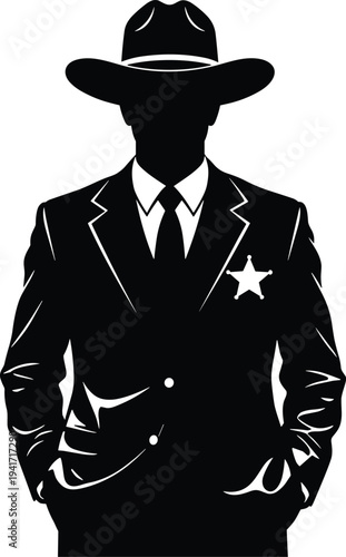 Sheriff cowboy silhouette wearing hat suit with star badge western lawman character isolated black vector illustration vintage style
