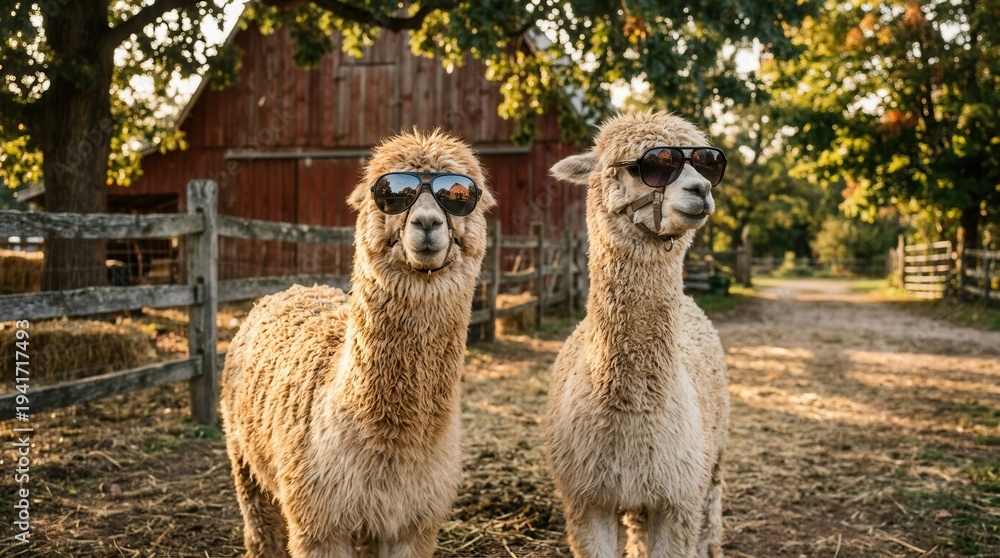 Naklejka premium Two fluffy alpacas wearing sunglasses, standing in a sunny farm field. Rustic red barn and wooden fence in background. Humorous animal portrait.