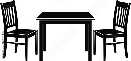 Dining table with two chairs silhouette furniture set kitchen dining room interior black vector illustration