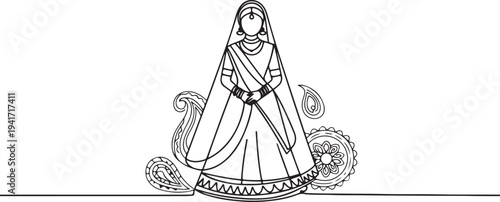 Bridal heritage and traditional outfit, Indian wedding dress. one line art icon drawing vector