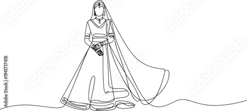 Bridal heritage and traditional outfit, Indian wedding dress. one line art icon drawing vector