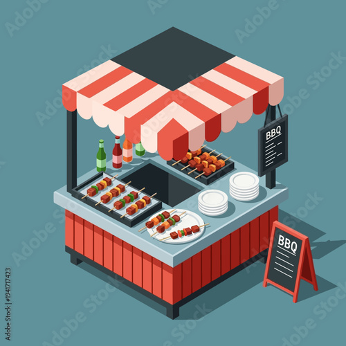 Isometric illustration of a vibrant BBQ food stall with skewers of meat cooking on a grill, ready to serve delicious grilled food.
