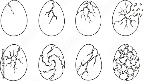 Egg cracking stages sequence, hand drawn eggshell break progression from small crack to shattered shell isolated minimal line illustration set collection