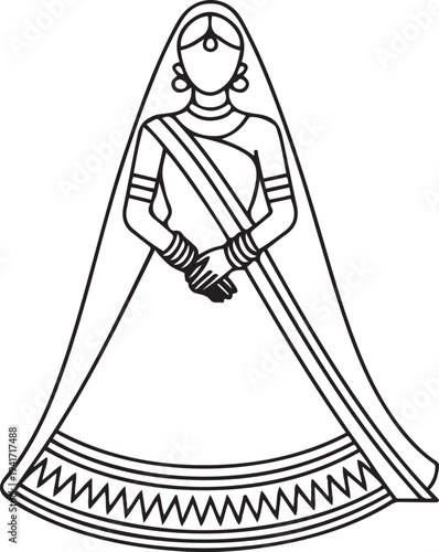 Bridal heritage and traditional outfit, Indian wedding dress. one line art icon drawing vector