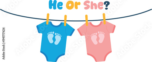 Gender reveal party banner with blue and pink baby onesies on clothesline flat vector Illustration