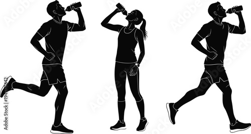 Silhouettes of Runners Drinking Water from Bottles on White Background running fitness