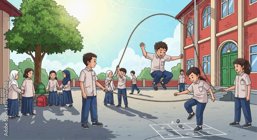 Children in school uniforms playing jump rope and hopscotch in a sunny schoolyard, enjoying outdoor games with friends.