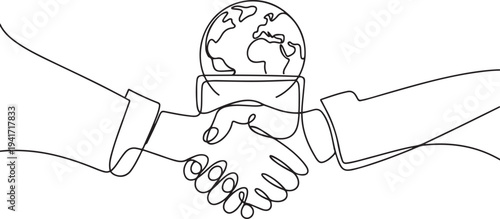Global cooperation concept: handshake of female and male hands against the background of a computer and the globe. one line art icon drawing vector