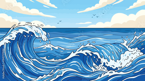 Cartoon Ocean Waves with Blue Sky and Flying Seagulls