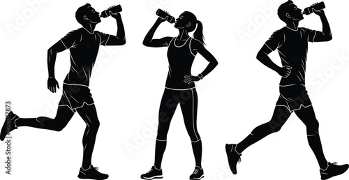 Silhouettes of three athletic people drinking from water bottles while running on white Keywords: runner, athlete, person, man