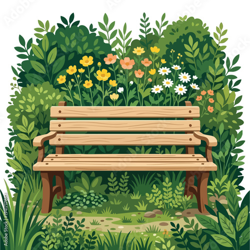 Cartoon Wooden Park Bench in a Garden