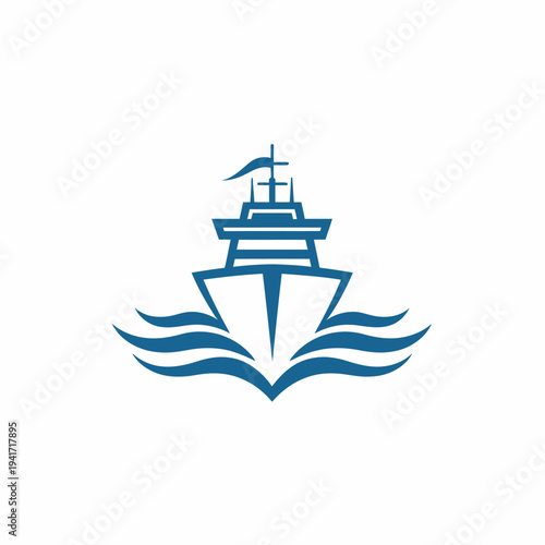 Stylized vector illustration of a blue vessel sailing on white background