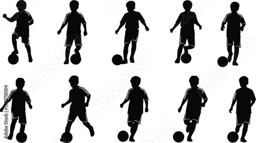 Set of ten silhouettes showing young boy soccer player character in various action poses dribbling and kicking ball on white background