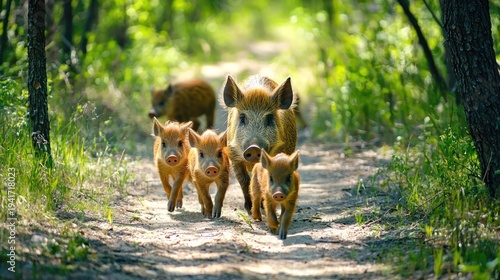 Wallpaper Mural A family of wild boars walking on a forest path. Torontodigital.ca
