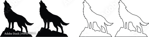 Howling wolf silhouette standing on rock, wild wolf animal icon set with black silhouette and outline vector illustration isolated design