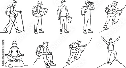 Hiker adventure activity line icons set showing trekking, map reading, climbing, binocular viewing, resting meditation and mountain summit success