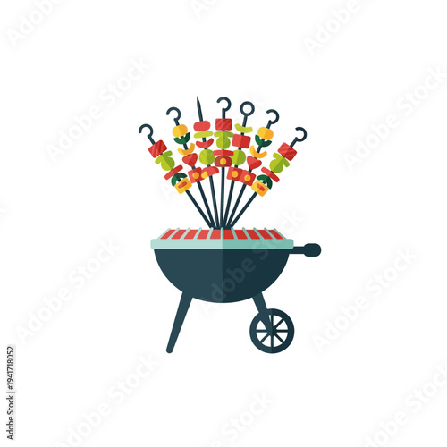 A charcoal grill with numerous skewers of colorful vegetables and meat cooking over the grate, symbolizing outdoor cooking and summer barbecues.