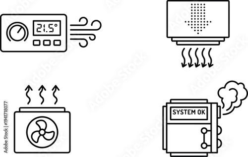 HVAC air conditioning system icons set, thermostat temperature control cooling ventilation heating equipment outline vector illustration for climate technology