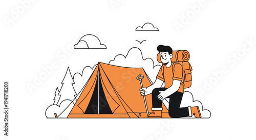 Camping adventure illustration featuring person and tent in nature
