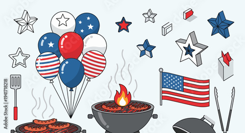 Celebratory illustrations with balloons barbecue and patriotic symbols
