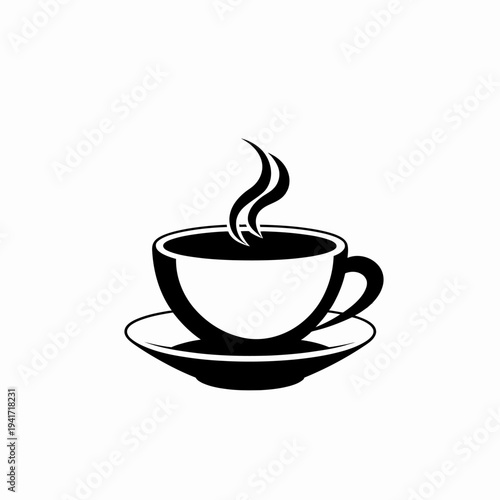 Black and white coffee cup and saucer illustration on white background