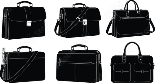 Black silhouettes of various modern briefcases and laptop bags vector illustration