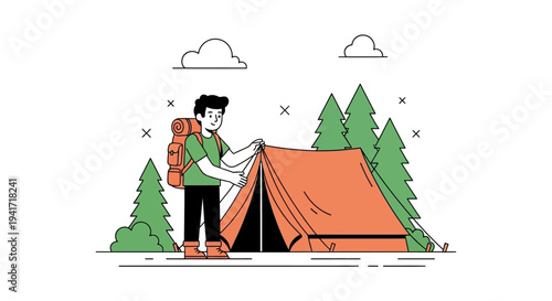 Camping outdoors setting up tent adventure concept illustration