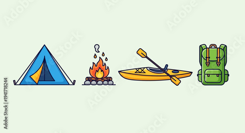 Camping outdoor recreation concept featuring tent campfire kayak backpack illustrations