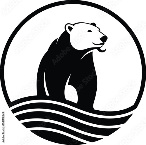 Stylized black and white illustration of a bear sitting on wavy lines within a circle Keywords: bear, polar bear, grizzly bear