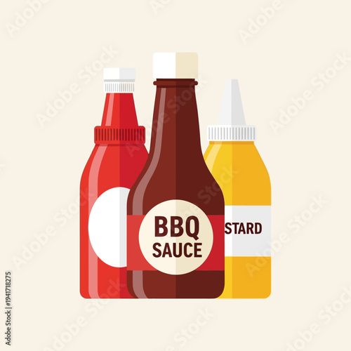 A collection of three condiment bottles, including ketchup, BBQ sauce, and mustard, presented in a flat design style.