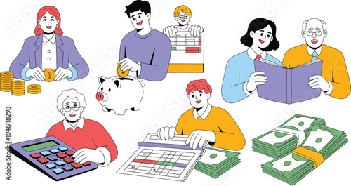 Diverse group of people managing finances, budgeting, and saving money in a collaborative environment, vector illustration.