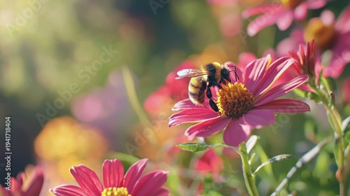 Wallpaper Mural A bee on a pink flower in a garden with blurred background. Torontodigital.ca