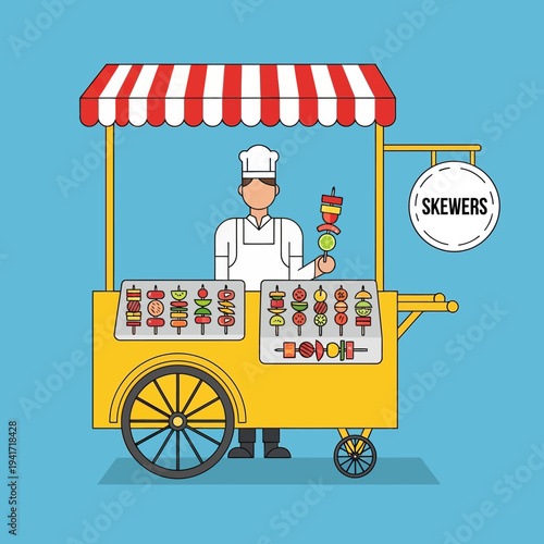 A cheerful street vendor in a chef's hat proudly displays a colorful skewer of food at his bright yellow food cart.