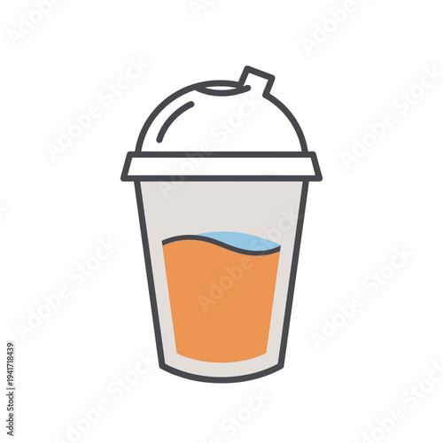 A simple, flat illustration of a clear plastic cup filled with an orange beverage and a small amount of blue liquid on top, sealed with a white lid and a small spout.