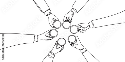 One continuous line drawing of young male and female business people team members hands cheering with glass of coffee from top view. one line art icon drawing vector