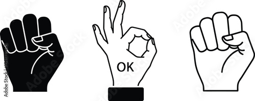 Three Hand Gestures Showing Fist OK Sign and Fist Silhouette vector illustration