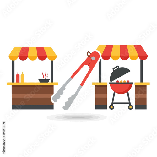 Illustration of two food stalls with a pair of barbecue tongs in the middle, one stall features a grill with food, the other has condiments.