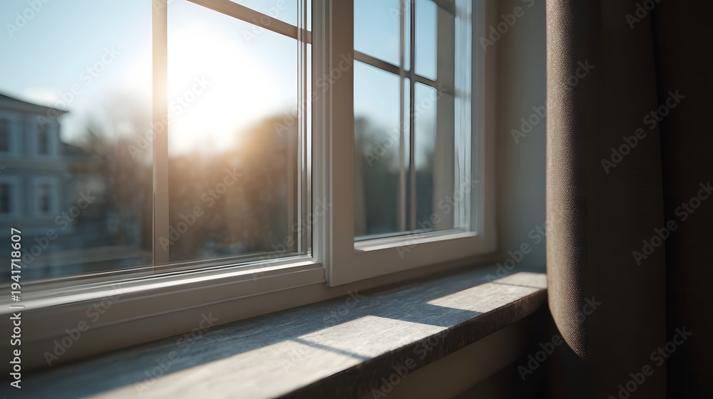 Fototapeta premium Bright sunlight streams through a modern window casting shadows on the ill with a blurred outdoor view