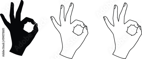 Three Hand Gestures Showing OK Sign Silhouette Line Art White Background symbol