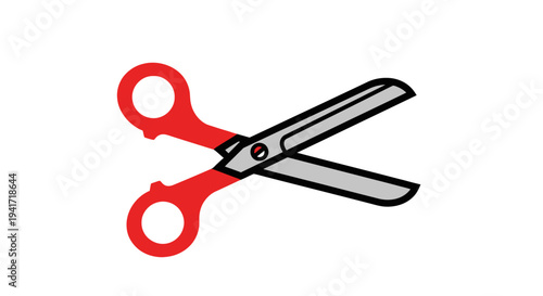 Cartoon scissors graphic red handles and silver blades on a white background