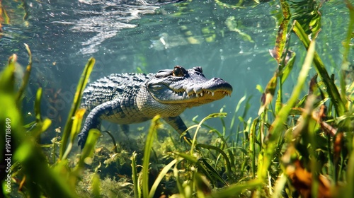 Wallpaper Mural An alligator swimming in a clear, green water body with aquatic plants. Torontodigital.ca