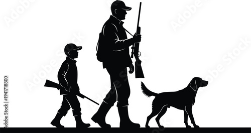Father and son hunters with a dog walking in silhouette Keywords: hunting, father, son, child, man, dog, retriever, shotgun