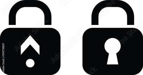 Two black padlock icons one with keyhole and one with arrow symbol on white background Keywords: lock, padlock, security, icon