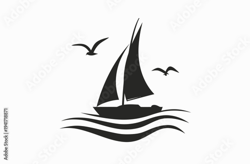 Sailboat on waves with birds symbol vector design for travel vacation