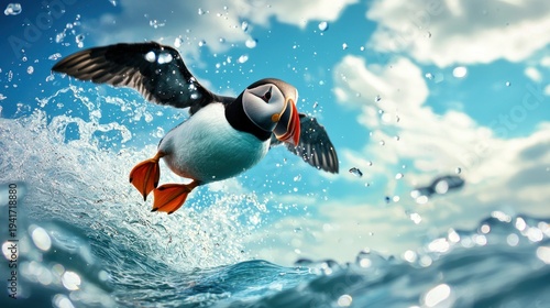 Wallpaper Mural A puffin flying over a wave in the ocean. Torontodigital.ca