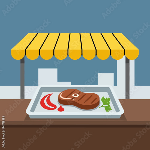 A grilled steak with ketchup and parsley served on a tray under a yellow awning, representing a food stall.